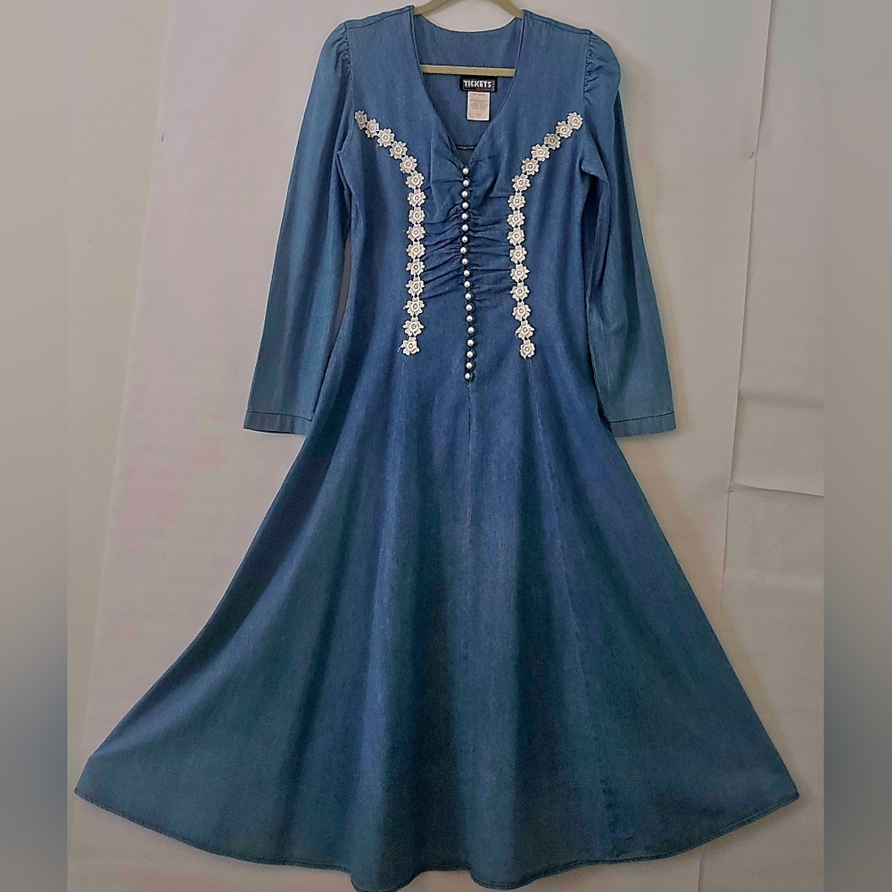Western Vintage Denim Dress Long Sleeve Size 11/12 Blue